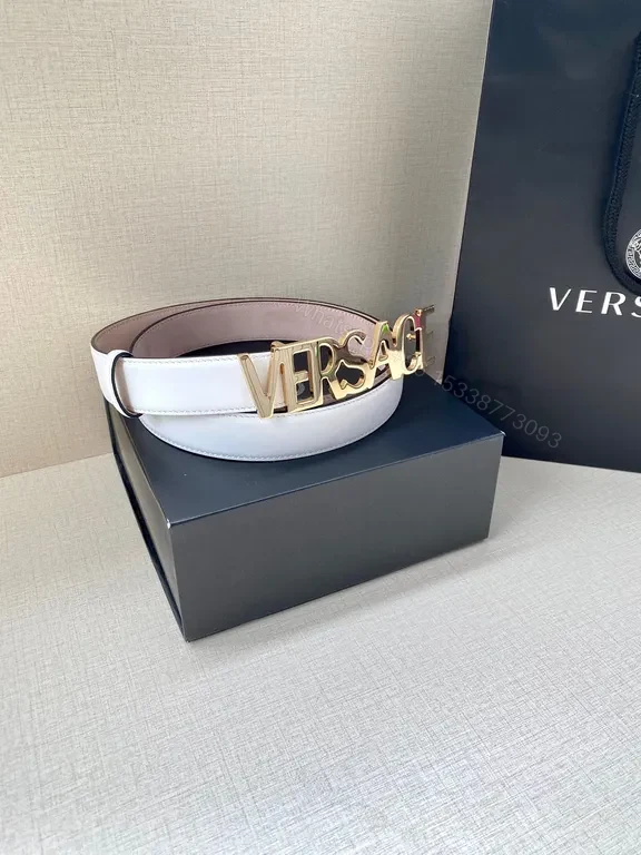 View 4 of Versace Belt: Pink-Lined Gray Leather with Oversized Logo Buckle