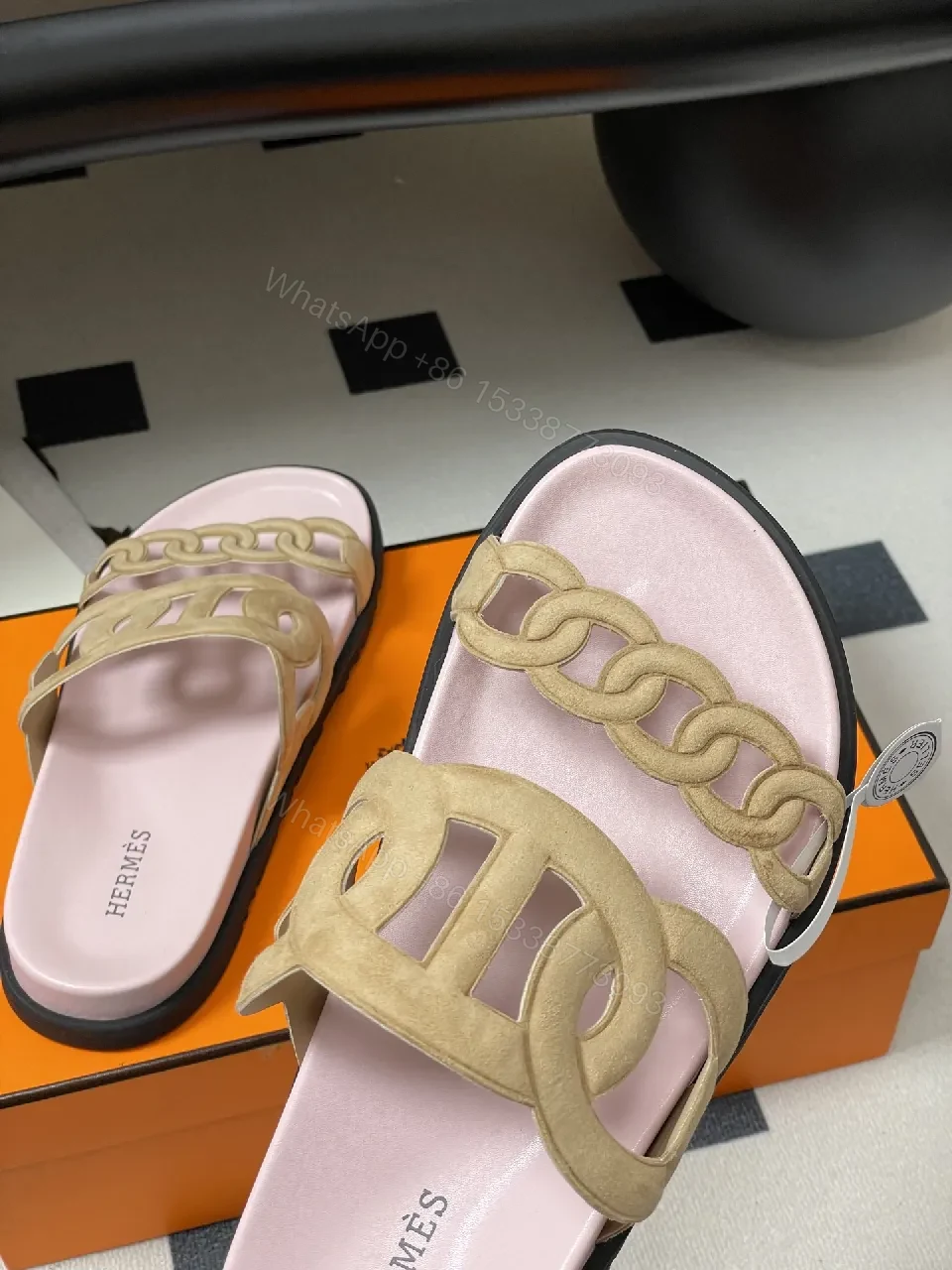 View 5 of Soft Pink Leather Slides with Signature Interlaced Straps