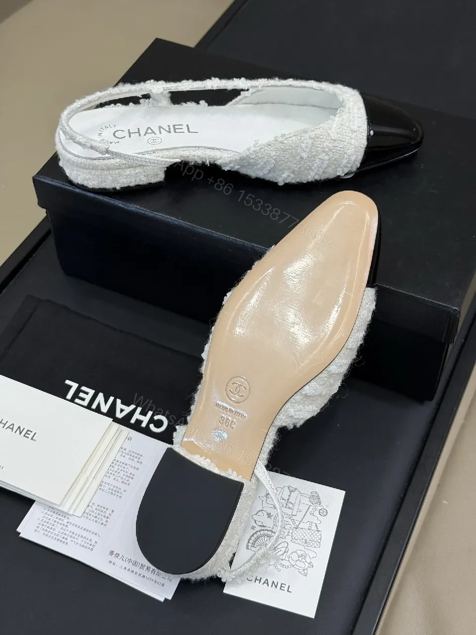 View 5 of White Tweed Patent-Toe Slingback Pumps with Mid-Heel