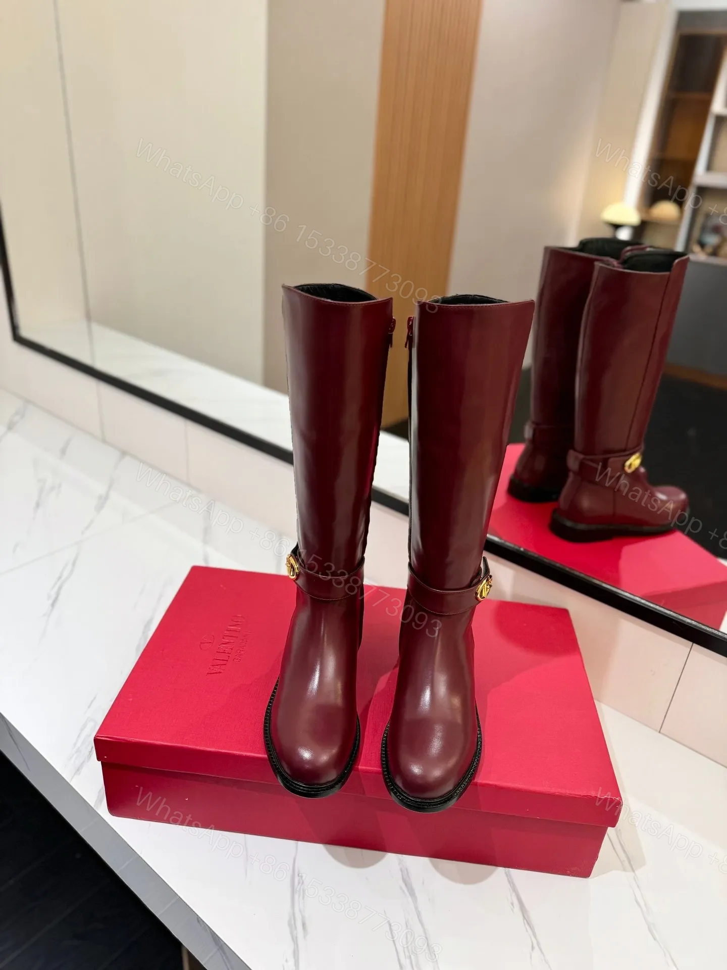 View 4 of Valentino Women Burgundy Leather Knee High Boots