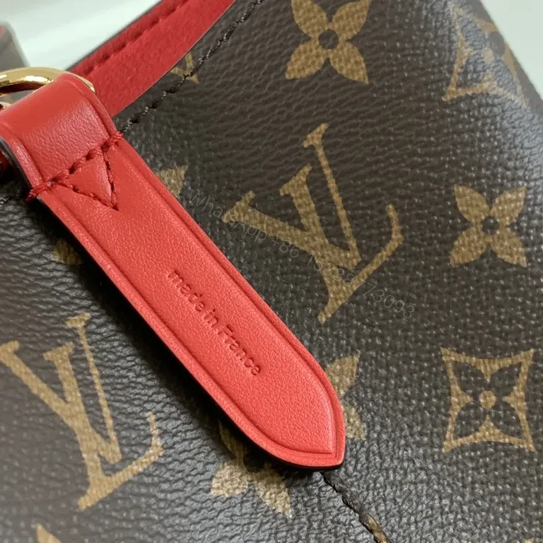 View 6 of Louis Vuitton-Style Monogram Bucket Bag: Red Leather Drawstring, Tote-like Versatility