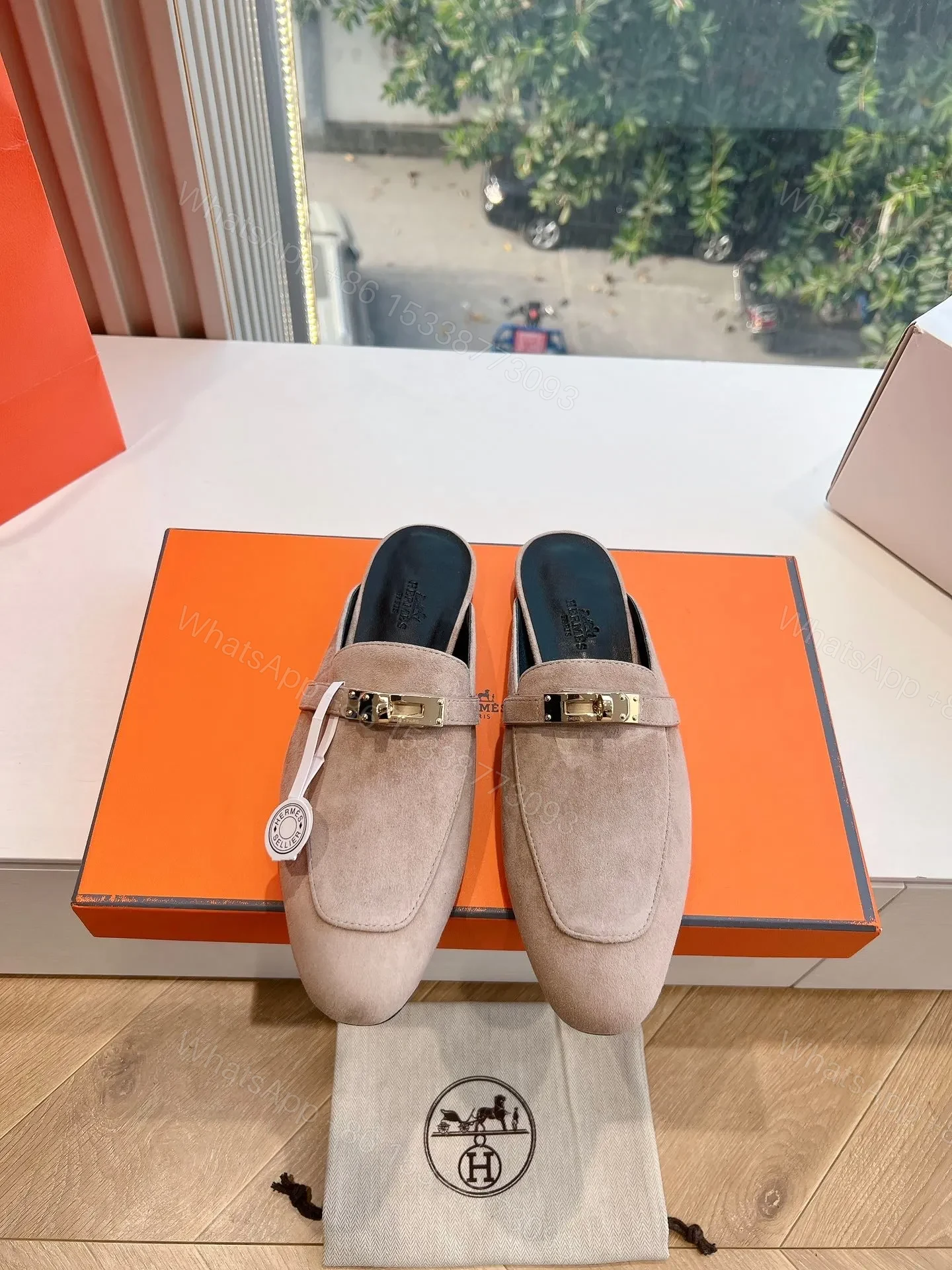 Hermes Women Beige Suede Mules — view 1