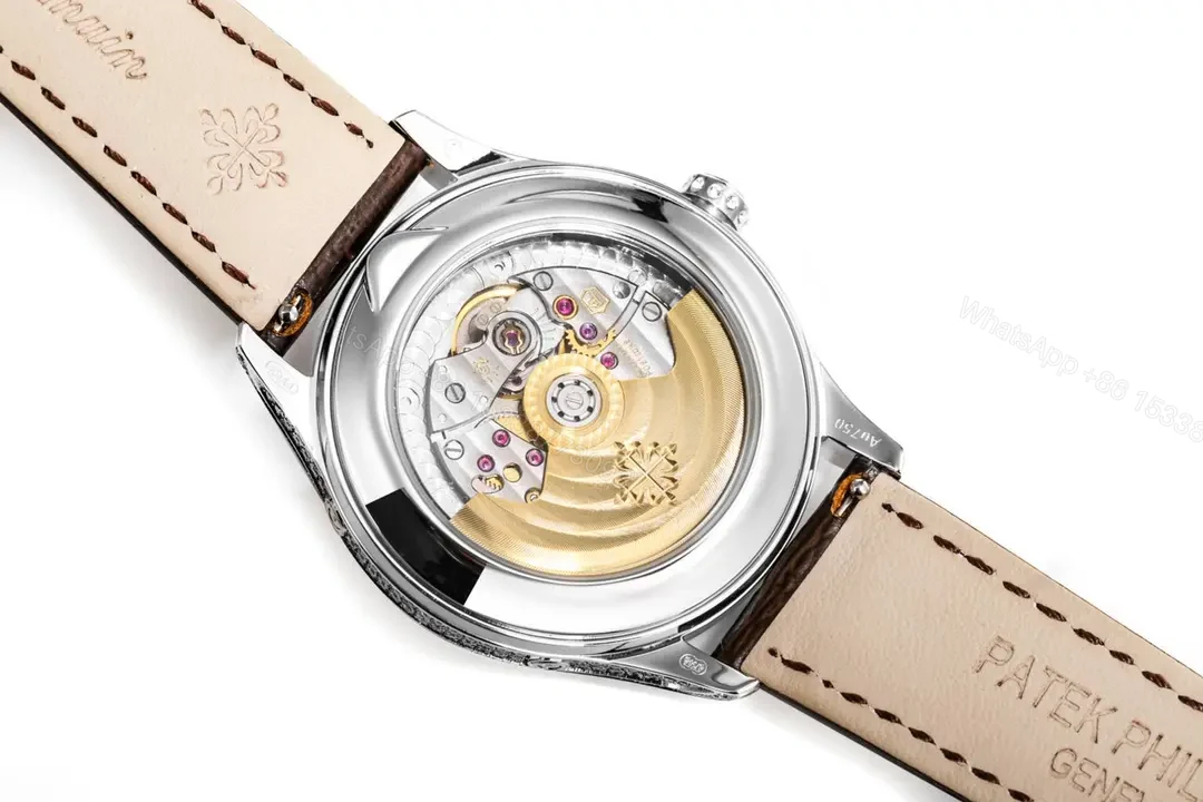 View 7 of Patek Philippe Complications Collection Annual Calendar Moon Phase Ladies’ Watch in Rose Gold/Silver with Diamond Set Case Brown Leather Strap