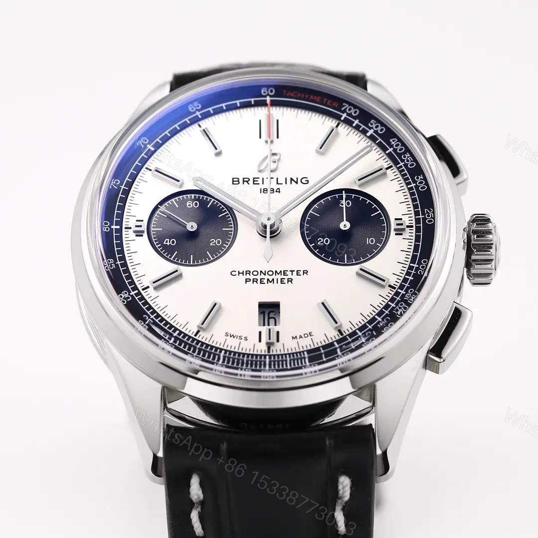 View 3 of GF Factory Breitling Premier B01 Chronograph Watch – Silver Dial, Blue Sub-dials, Black Leather Strap
