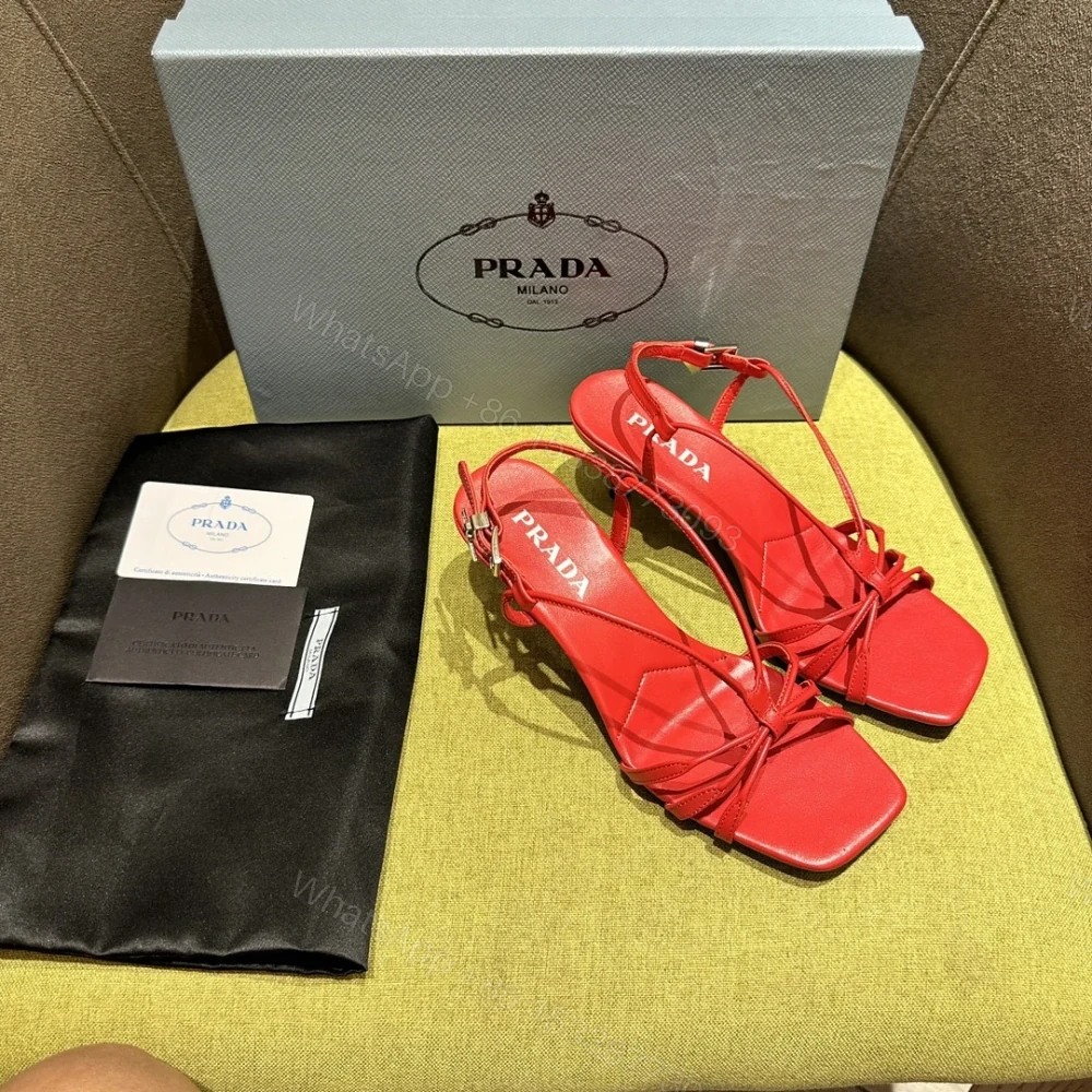View 2 of 高仿Prada*1X504M方頭一字中踭涼鞋5.5CM紅色免檢版