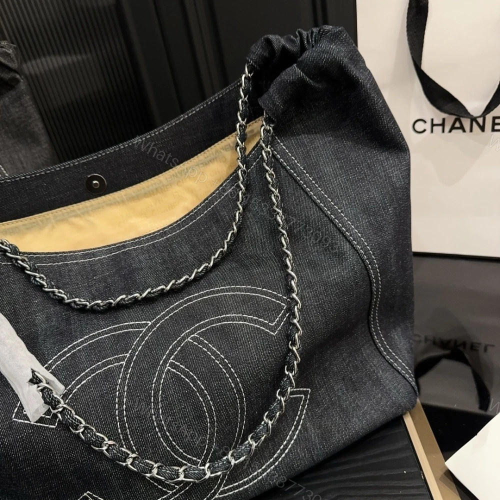 View 6 of Chanel Large Tote Bag Black Denim Chain Strap 36Cm