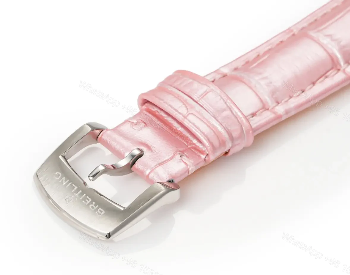 View 8 of OM Factory Breitling Women’s Navitimer Automatic Watch – Pink Leather Strap, White Pearl Dial, Diamond Bezel