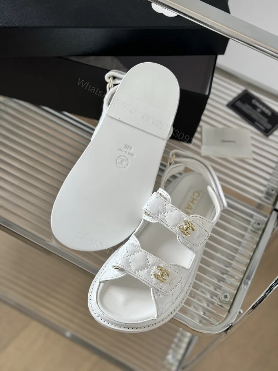 View 3 of White Leather Sandals with Gold Hardware, Quilted Strap Comfort