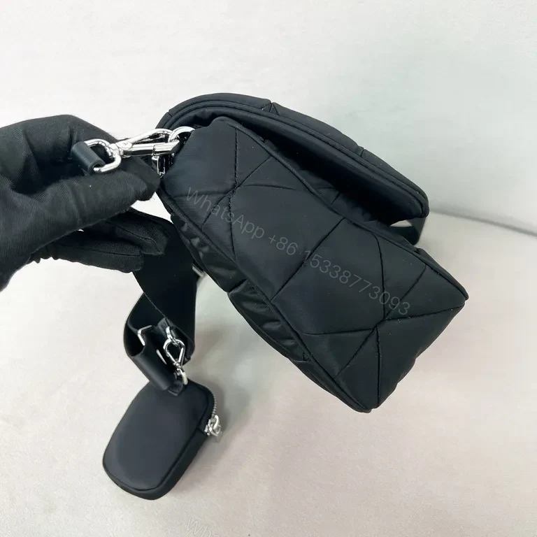 View 4 of Compact Quilted Messenger Bag â€” Dark Matte Black Prada Accent