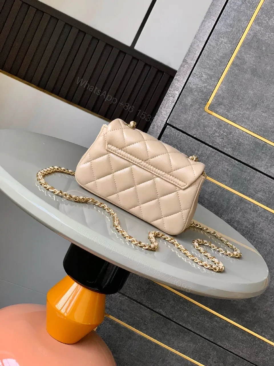 View 9 of Quilted Mini Flap Bag: Neutral Leather, Gold Hardware, Classic Chic