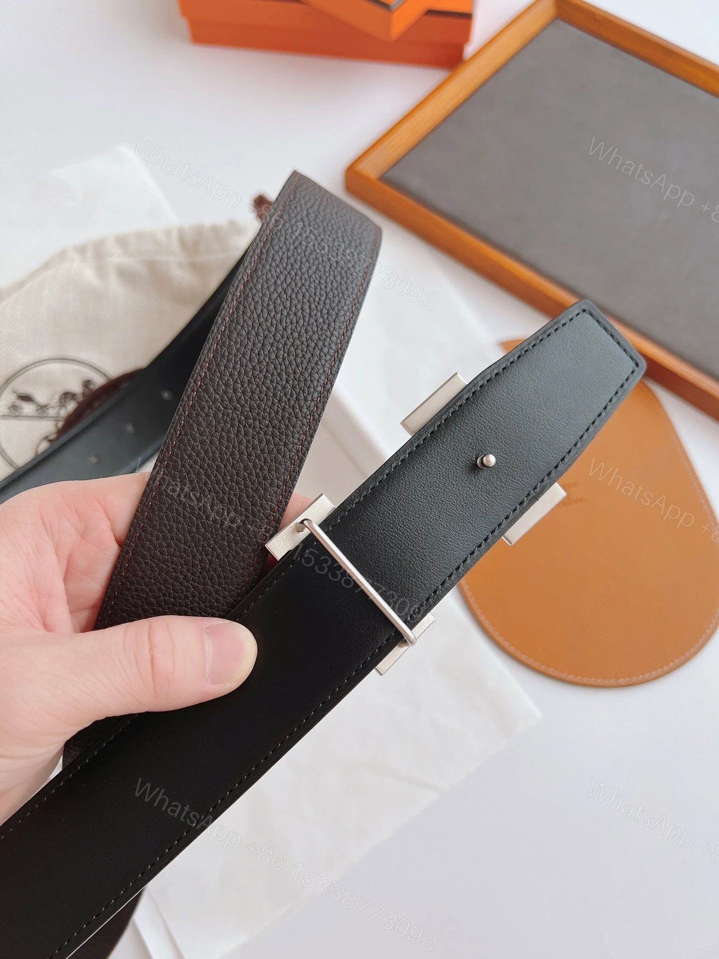 View 3 of HERMES BELT TOGO SWIFT SILVER BUCKLE BROWN 38MM