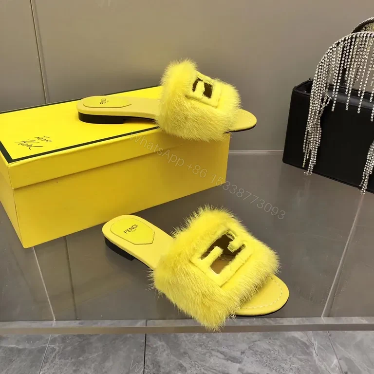 View 3 of Yellow Fur Slide: Luxe Fendi-Style, Contoured Comfort