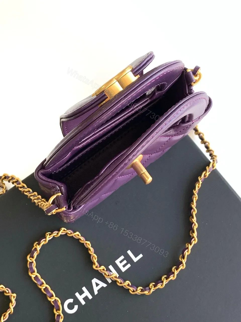 View 3 of Purple Quilted Mini Bag with Gold Chain - Crossbody Style