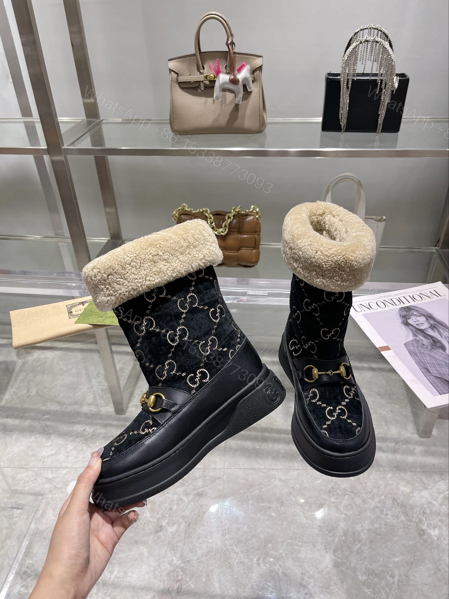 View 4 of GUCCI 1955 HORSEBIT SNOW BOOTS VELVET FABRIC BLACK