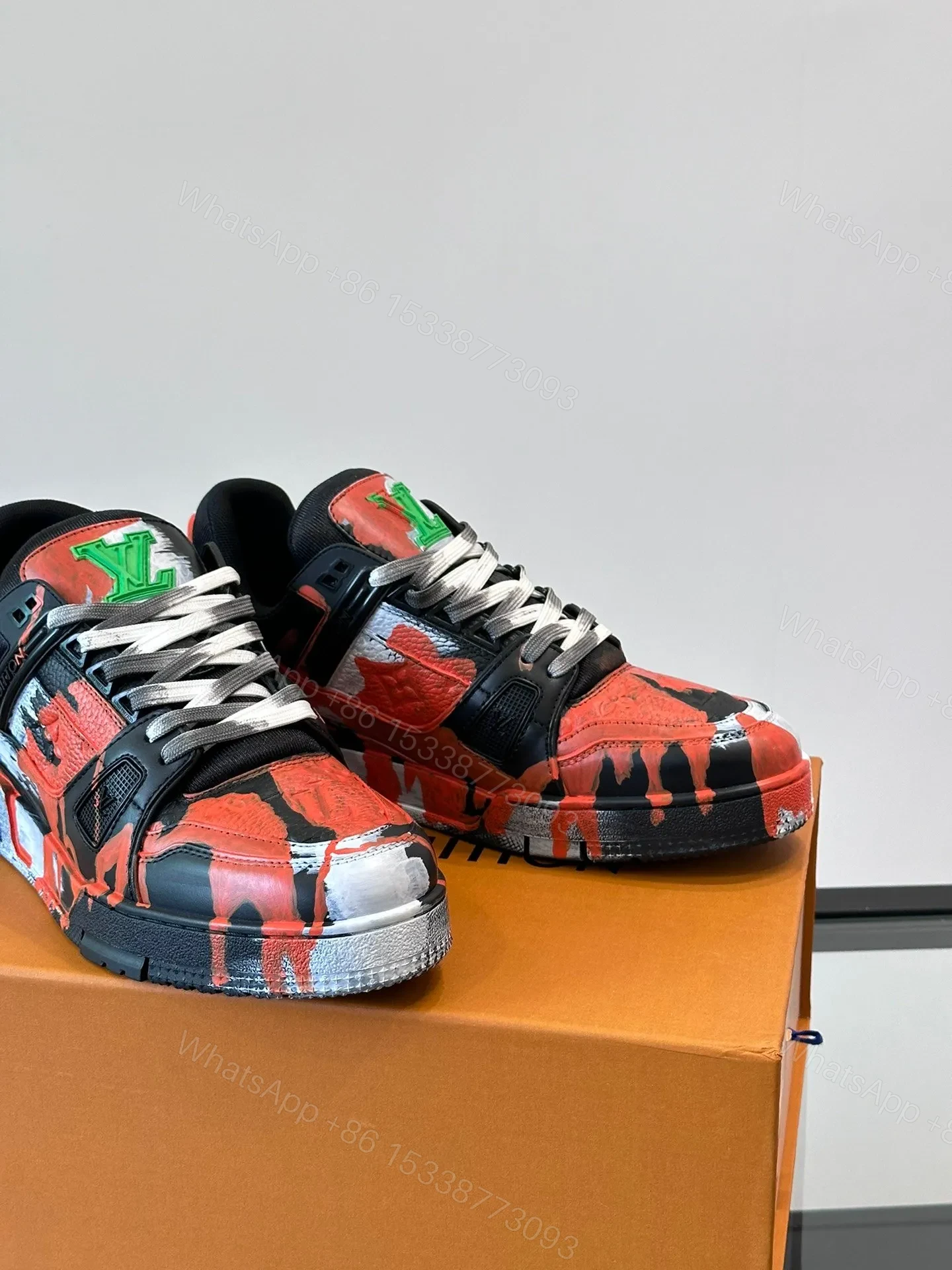 View 6 of LV Men Black Red Painted Leather Sneakers