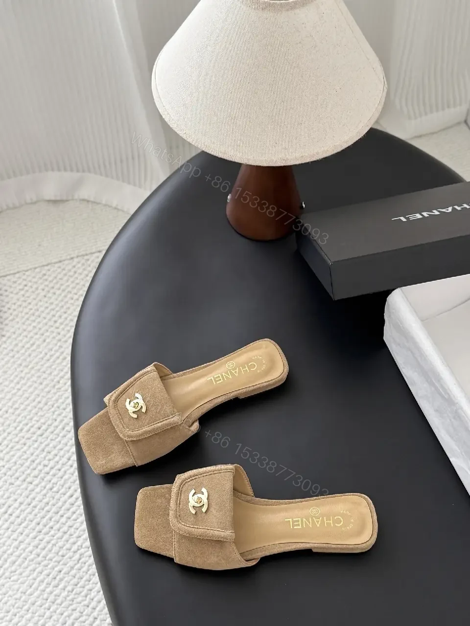 View 9 of Suede Mules with Gold Logo - Chic Luxury, Open-Back Style