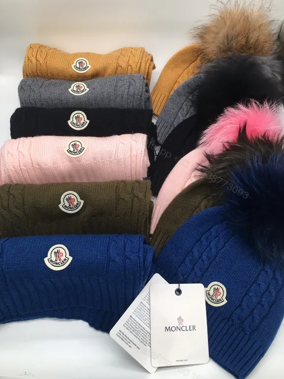 View 3 of Moncler Olive Knit Scarf & Beanie Set â€“ Premium Cable Knit with Faux Fur Pom