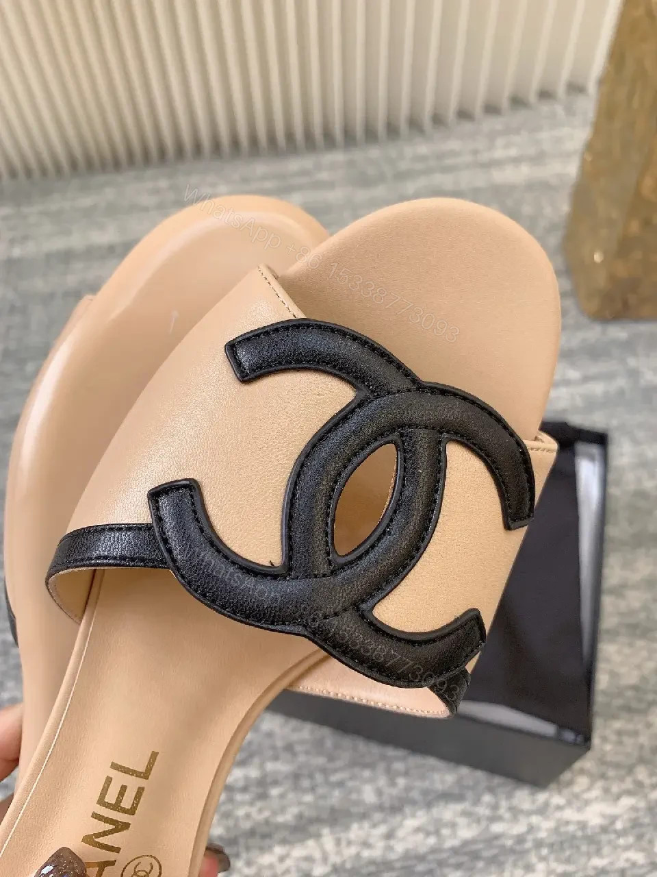 View 2 of Tan Leather Slip-Ons with Logo Detail – Everyday Luxe Sandals