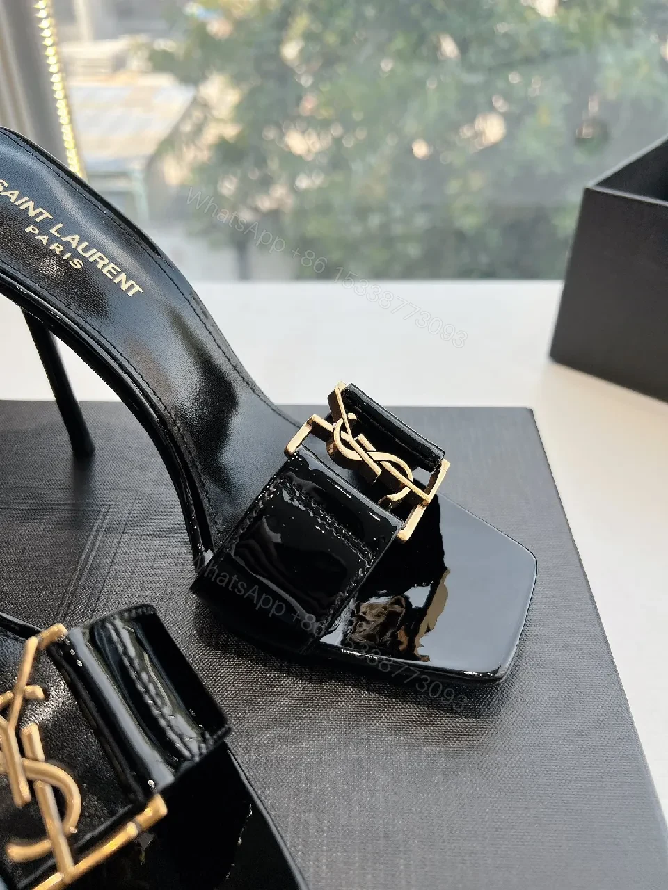 View 2 of Glossy Black Patent Heels with Gold Hardware Mules