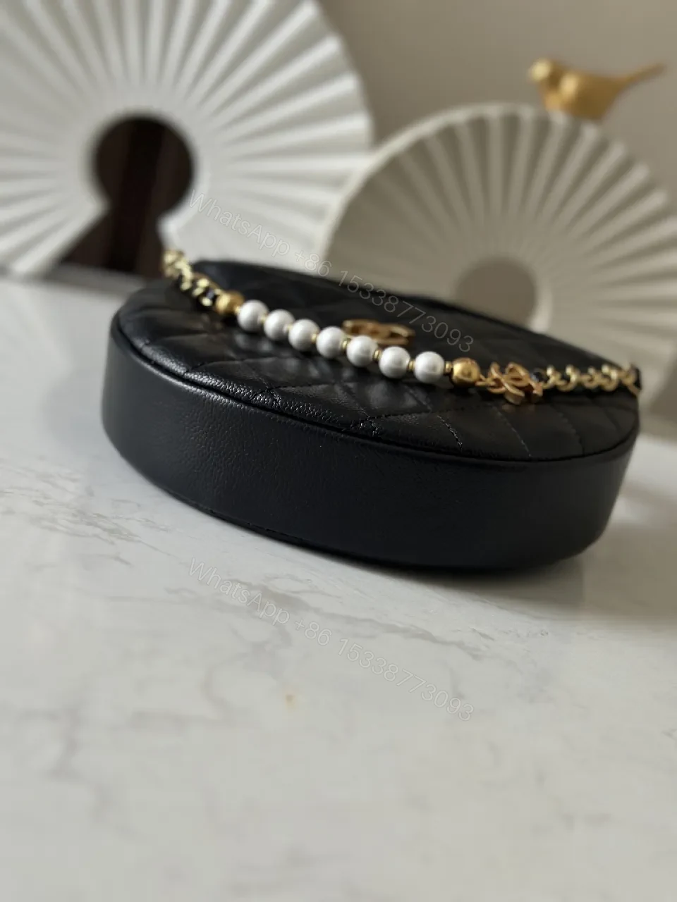 View 4 of Quilted Black Shoulder Bag with Pearl Chain Detail