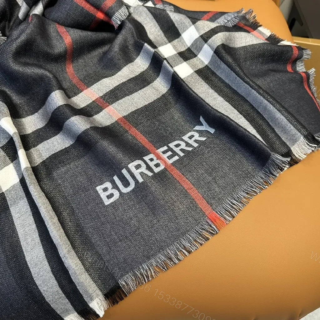 View 6 of Charcoal Plaid Wool-Blend Scarf with Fringe Detailing