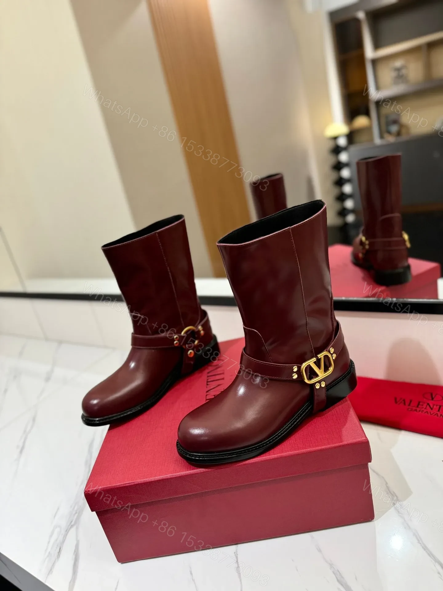 View 3 of Valentino Women Burgundy Leather Mid-Calf Boots