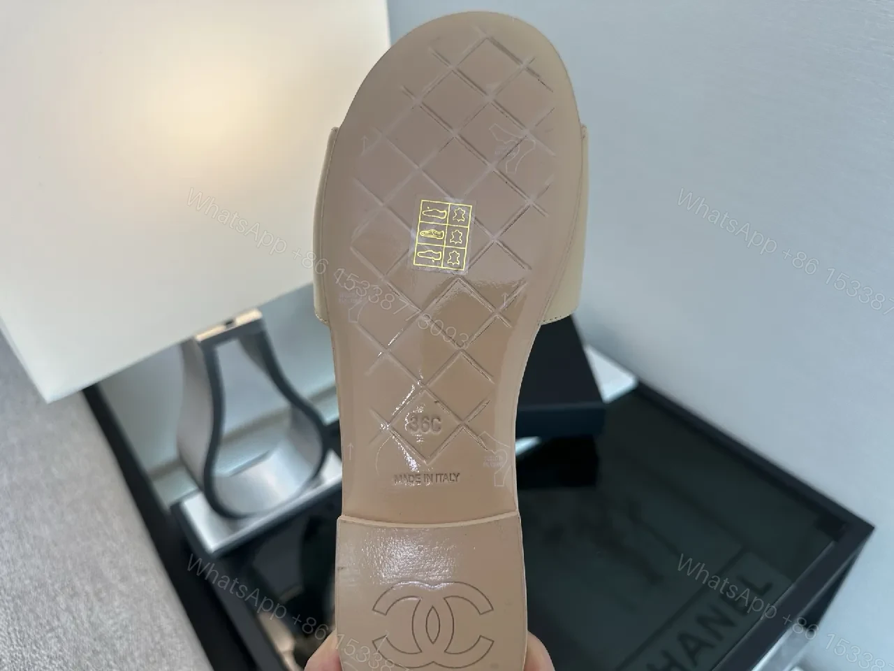 View 8 of Beige Quilted Slip-Ons with Gold Hardware Sandals