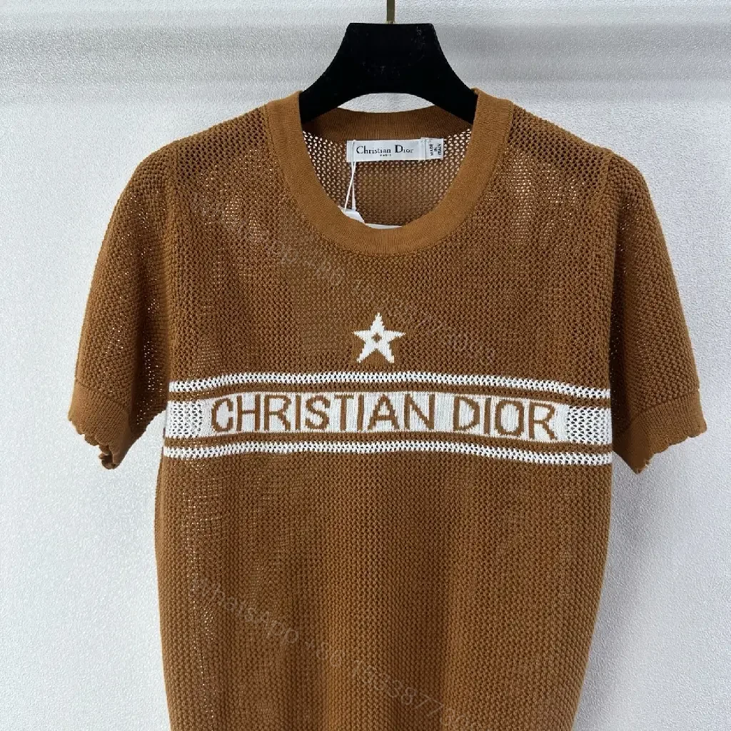 View 2 of Brown Knit Tee Wool Casual Dior Stripe Logo Top