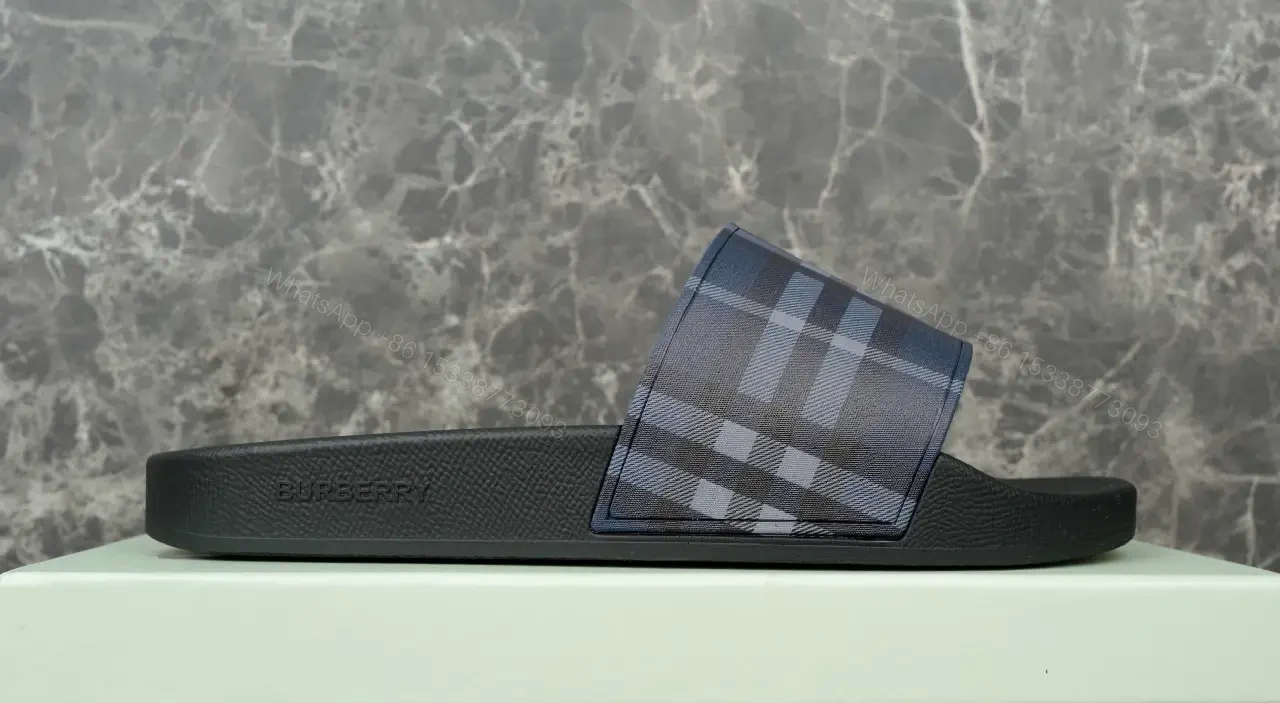 View 7 of Blue Plaid Slide Sandals with Burberry Design