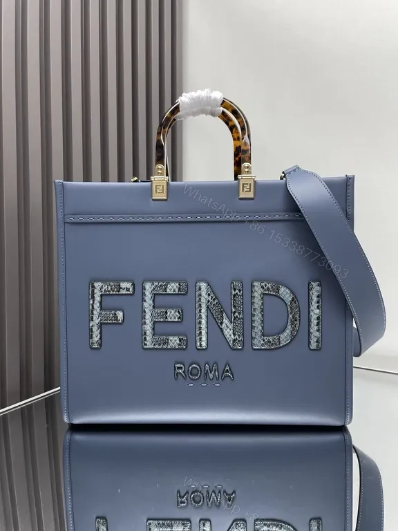 Blue Fendi Structured Tote: Bold Logo, Tortoise Handles, Gold Hardware — view 1