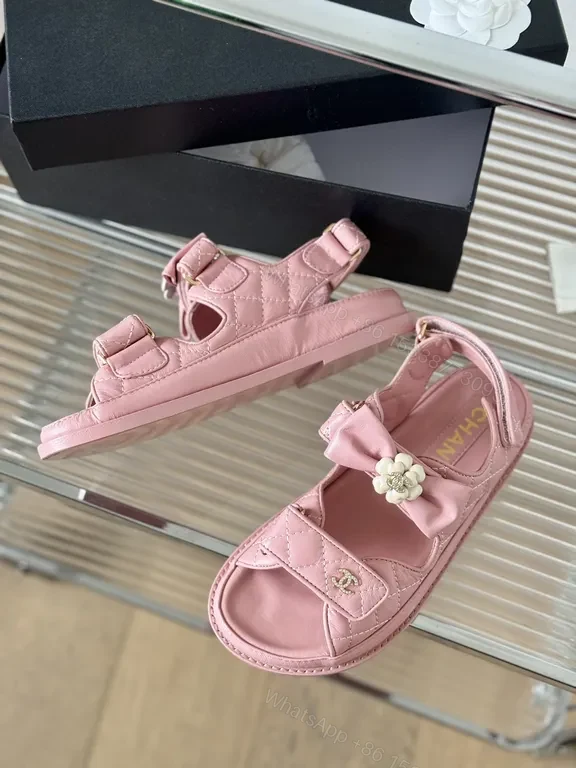 View 3 of Pink Leather Sandals â€“ Chanel-Inspired, Floral Accents, All-Day Comfort