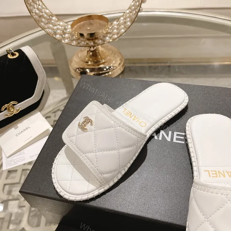 View 3 of White Quilted Slides with Gold Logo â€“ Couture-Inspired Sandals