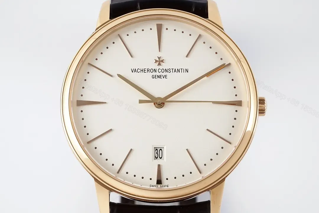 View 2 of GS Factory Vacheron Constantin Patrimony 85180 Series Watch – Gold Case, White Dial, Brown Leather Strap, Minimalist Style
