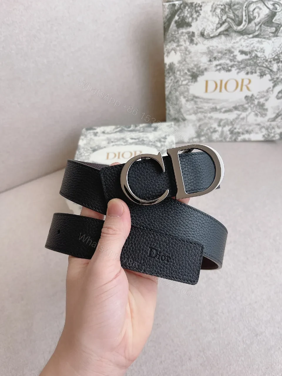 View 3 of Black Leather Belt, Double-Hardware Buckle, Slim Style Belt