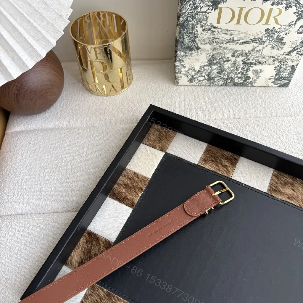 View 2 of Brown Leather Minimalist Belt with Gold DIOR Emblem Strap
