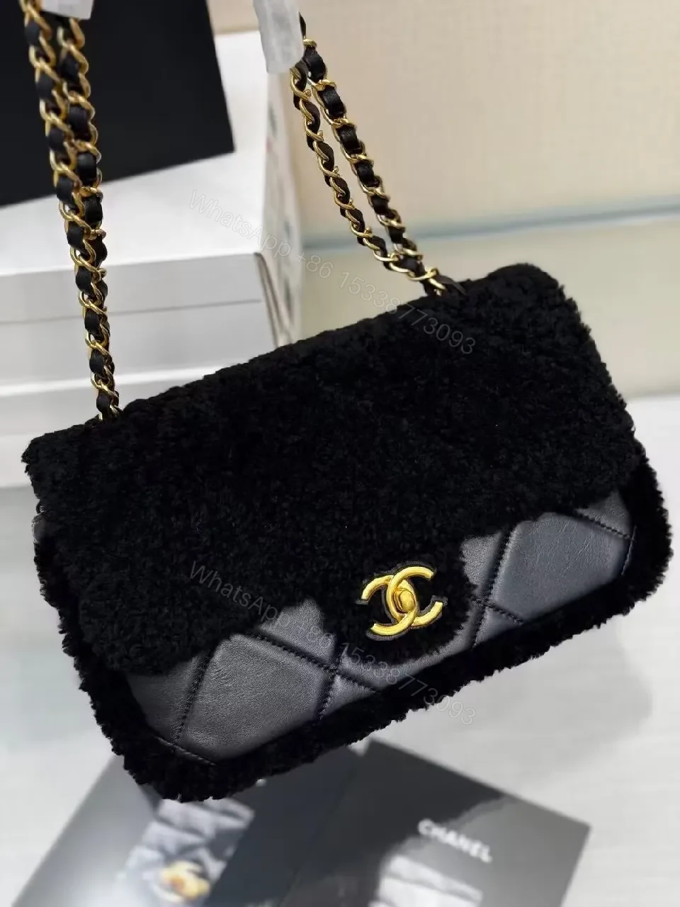 View 6 of Lux Black Shearling Clutch with Gold Logo