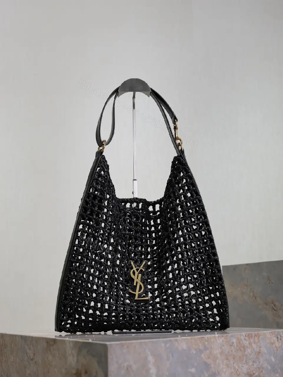 View 6 of Open-Knit Mesh Tote: Black Leather, Gold Monogram, Luxe Style