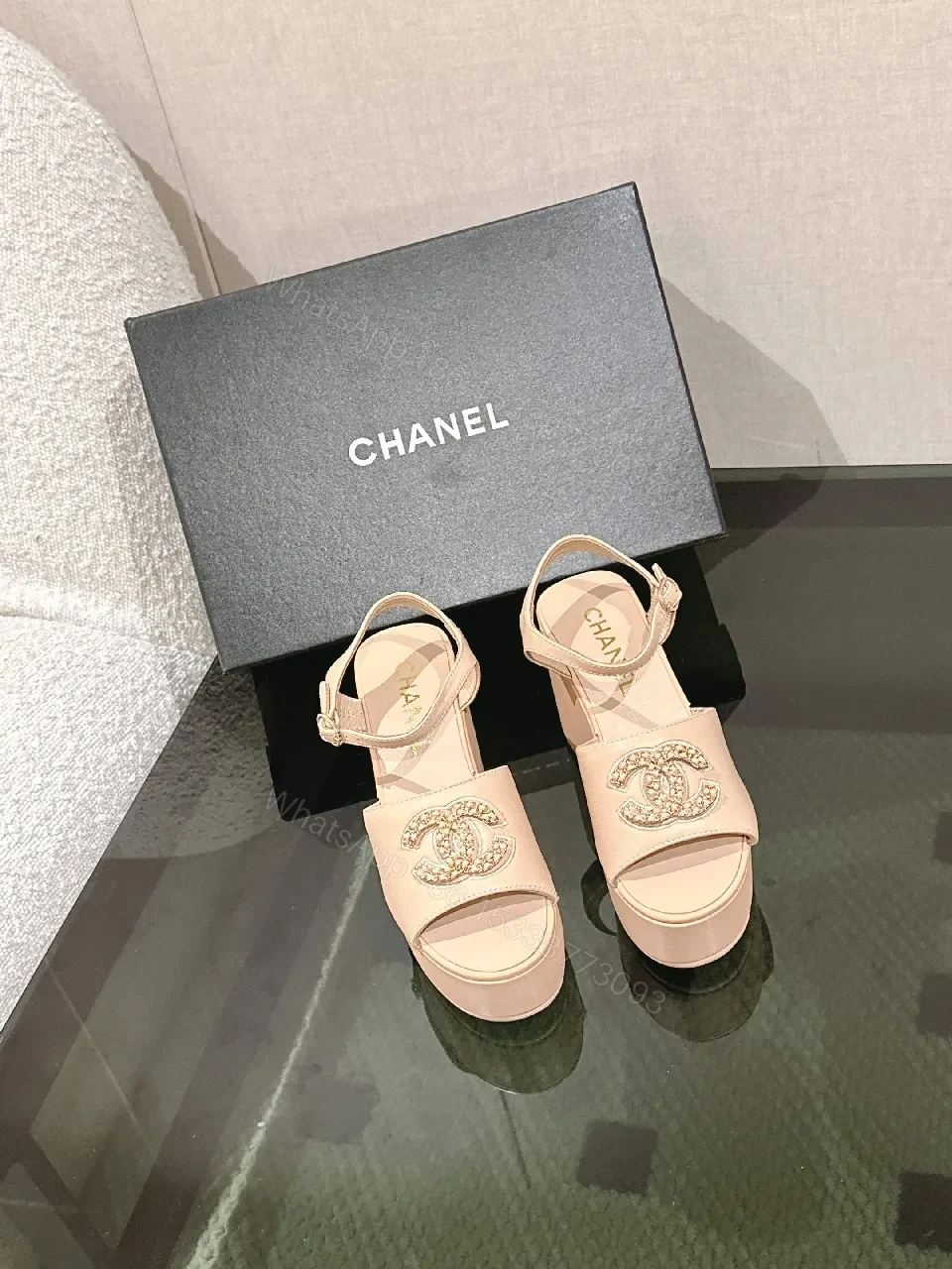 Soft Pink Platform Sandals with Signature Emblem Themed Leather — view 1