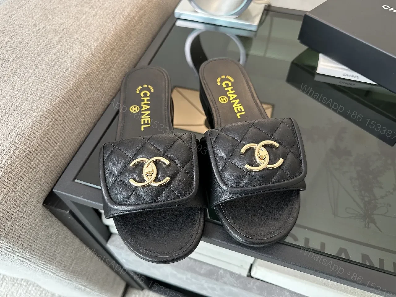 View 9 of Quilted Black Slide with Gold Logo – Casual Luxe Footwear