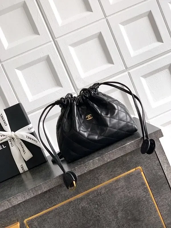 Quilted Drawstring Bag - Black Leather-Feel, Gold Accent — view 1