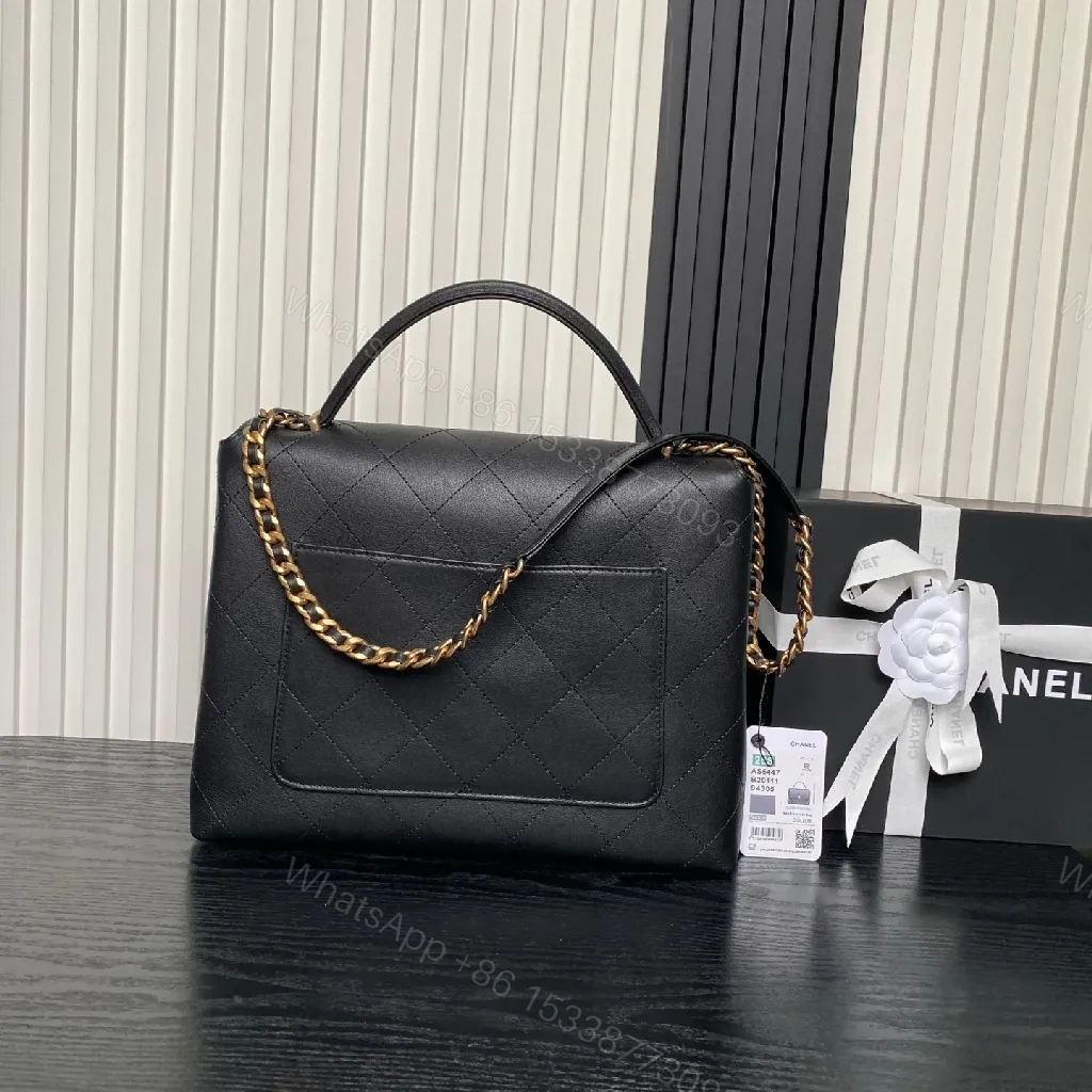 View 5 of Chic Black Quilted Flap Bag with Gold Logo