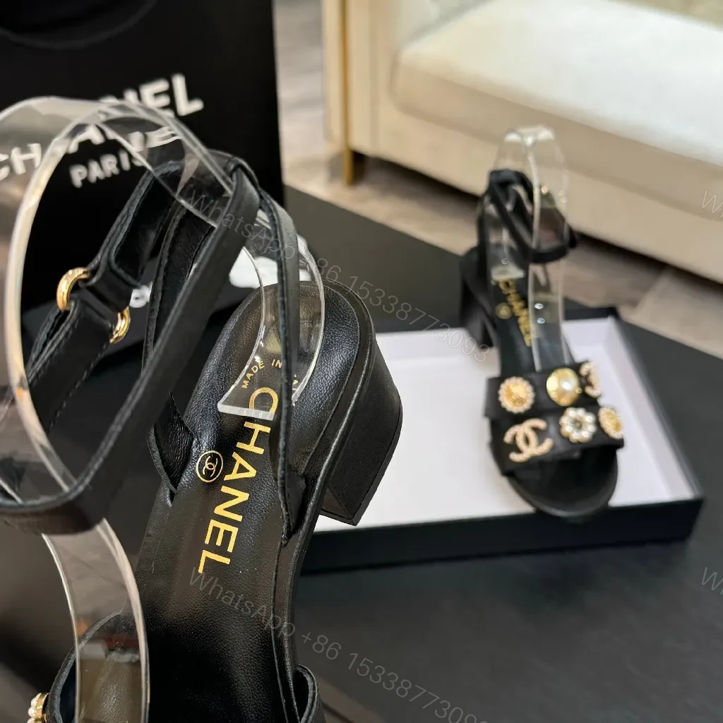 View 2 of Black Satin Sandals with Gold Hardware – Modern Chic Statement Sandals