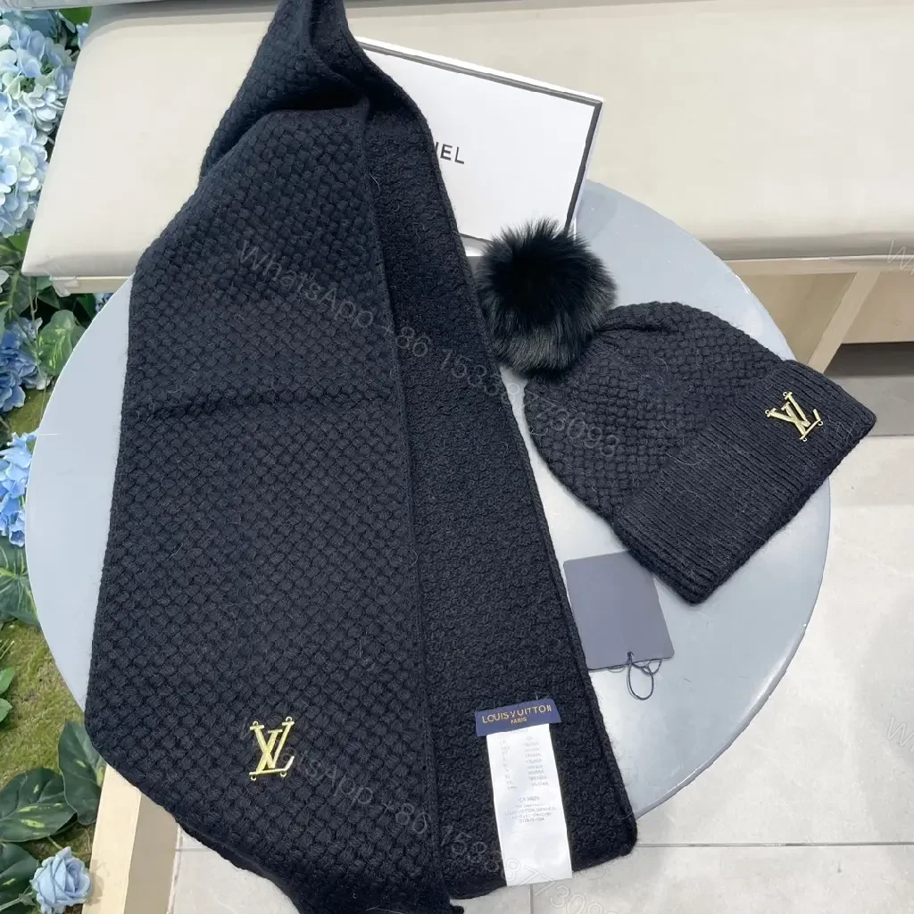 View 6 of Textured Knit Beanie & Scarf Set - Black, Gold Accent