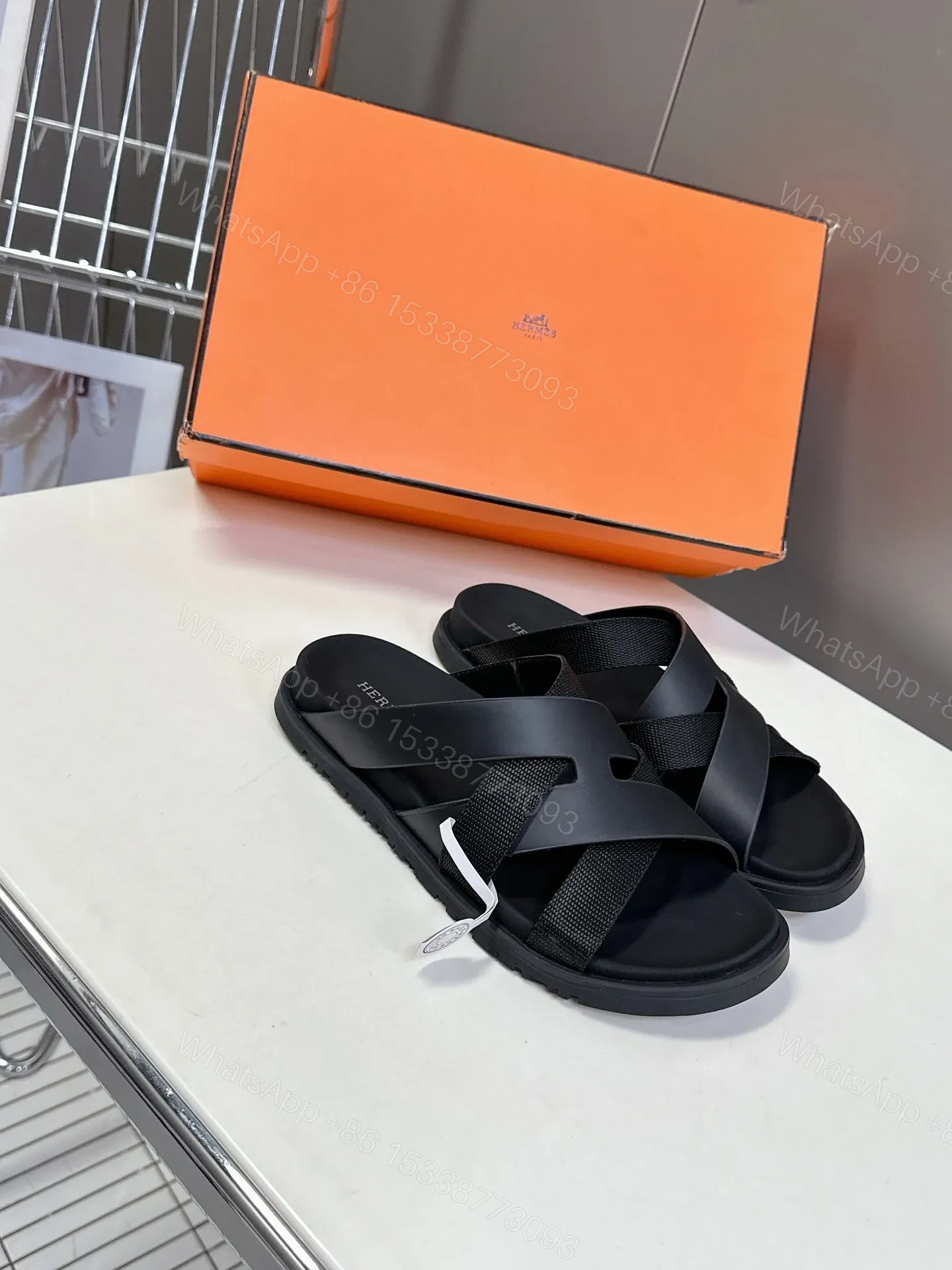 View 3 of Hermes Women Black Leather And Fabric Sandals