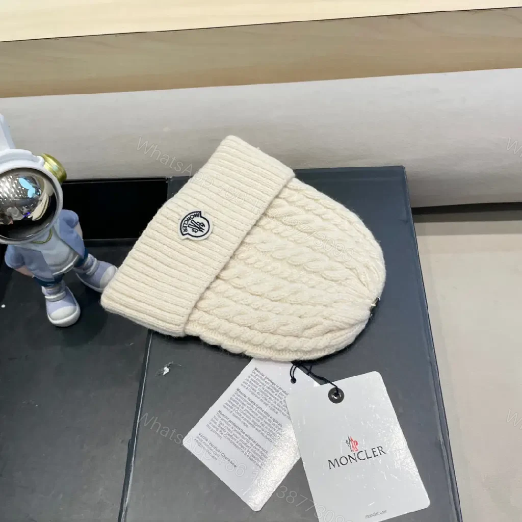 View 2 of Cream Knit Beanie | Wool Blend | Cable Knit | Moncler Emblem Gifted Luxury
