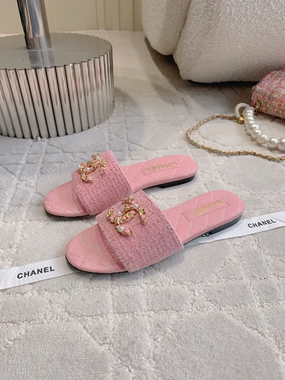 View 2 of Pink Quilted Slide Sandals: Luxe Comfortable Slip-Ons