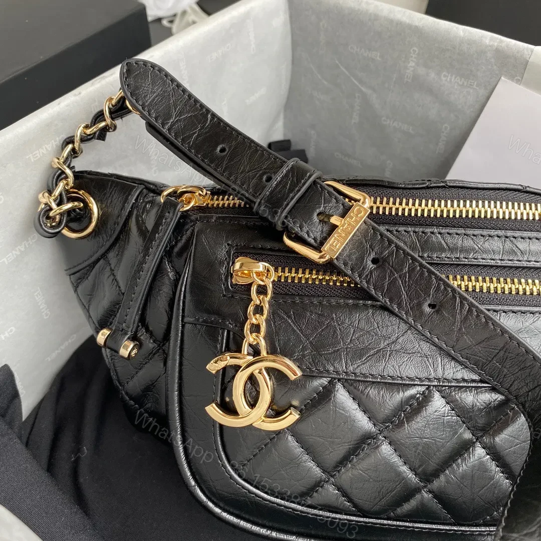 View 6 of Chanel Bumbag Black Wrinkled Leather Lock Gold Handbags 34x15x6cm