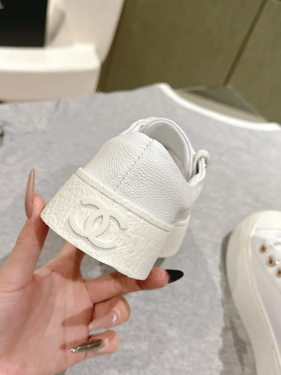 View 8 of White Leather High-Top Sneakers with Gold Accents