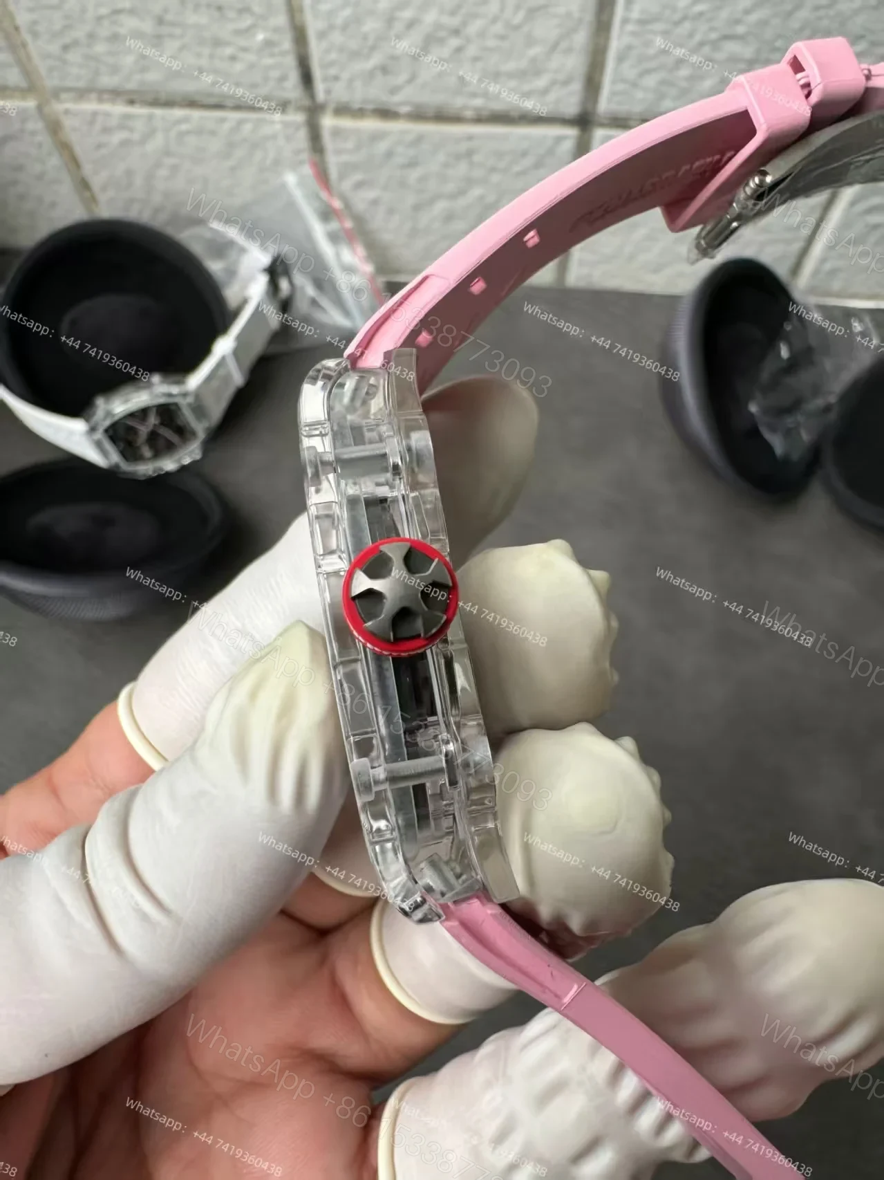 View 12 of Super Clone Richard Mille RM67-02 Sapphire Crystal Skeleton Tourbillon 1:1 Replica Watch with Pink Rubber Strap