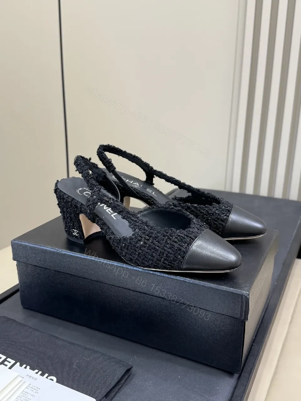 View 5 of Black Tweed Leather Cap-Toe Slingback Pumps, Chic Everyday Style